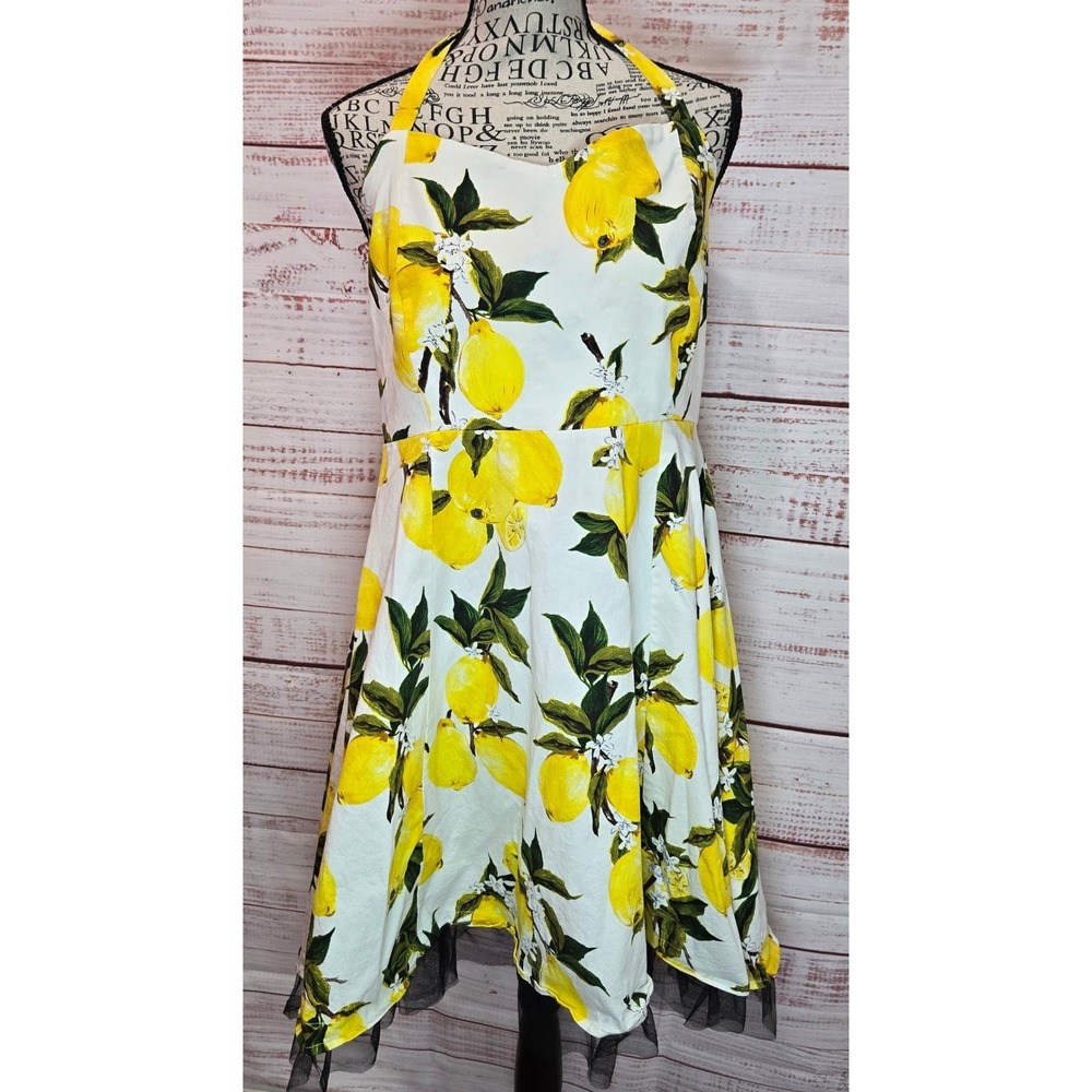 iHot Lemon Print Halter Neck Fit and Flare Dress White Yellow XL Cotton